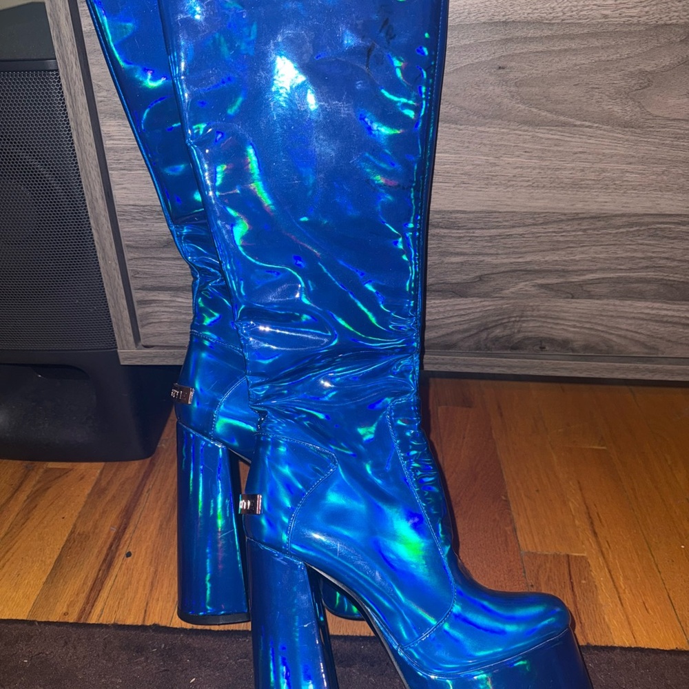 Shimmering Blue Heeled Boots